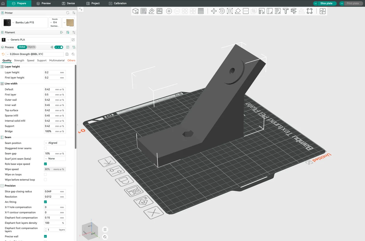 A digital wedge model on a virtual print bed, with holes for its fasteners.